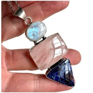 925 Rainbow Flash Moonstone + Rose Quartz + Sodalite Pendant Necklace